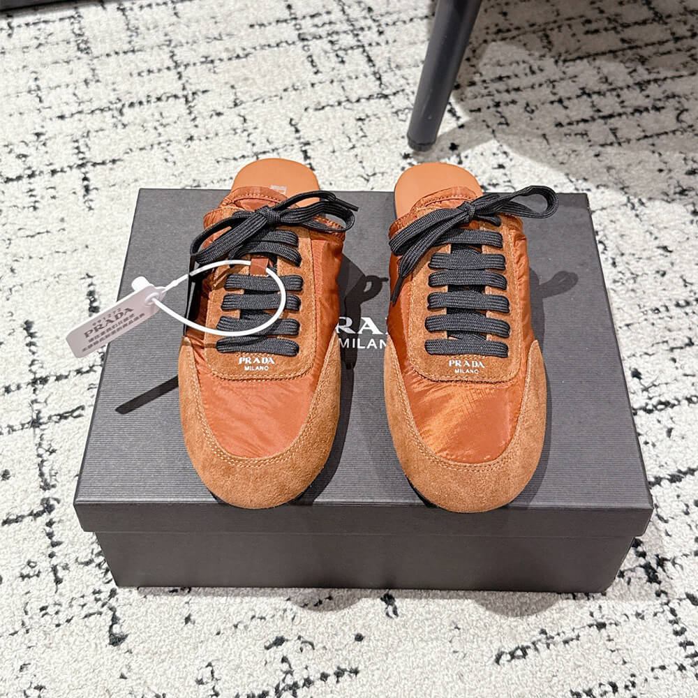PRADA Collapse Re-Nylon and suede mules